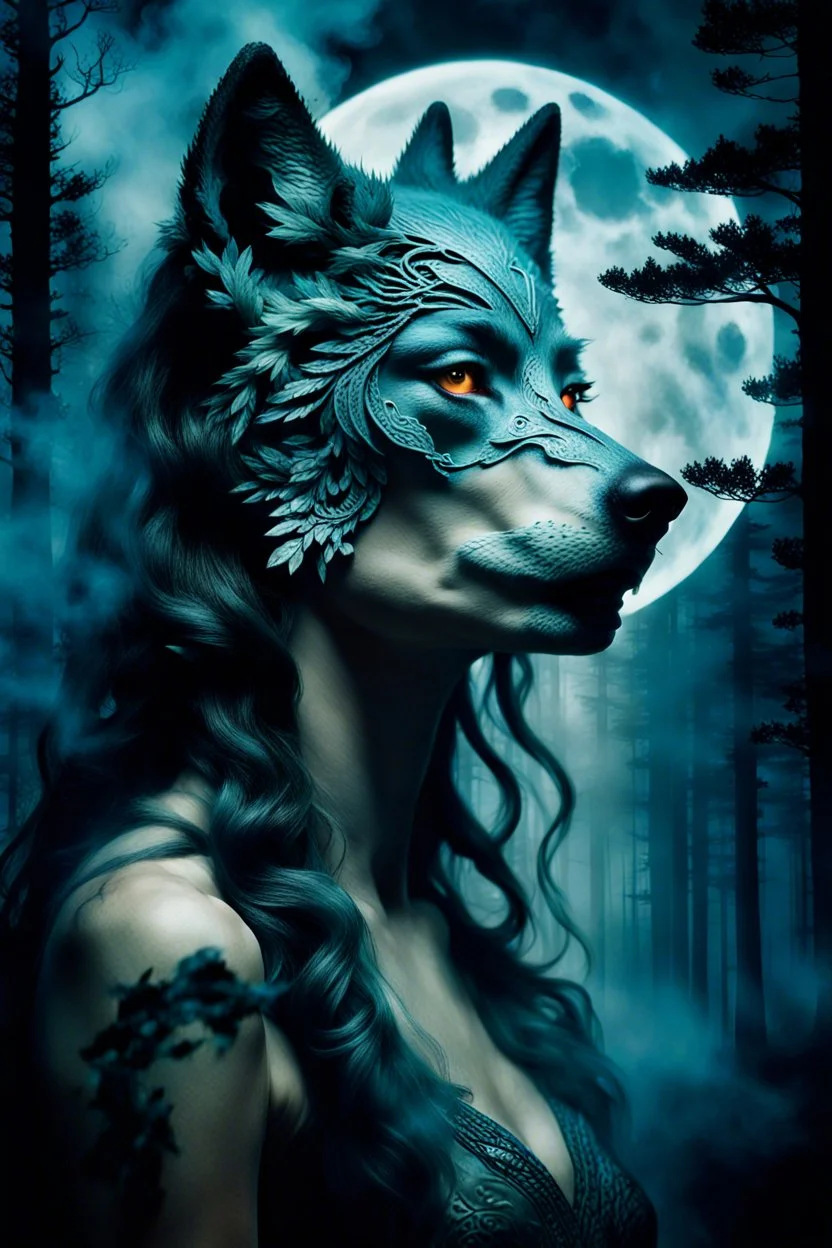 double exposure, ancient stunning wolf-woman mutant portait, forest, moon, smoke, ultra-high detailed, deep dark colors, dark fantasy, intricate detail, cinematic, masterpiece, sharp focus, dark ethereal fantasy, hyperdetailed, atmospheric , dark surreal fantasy