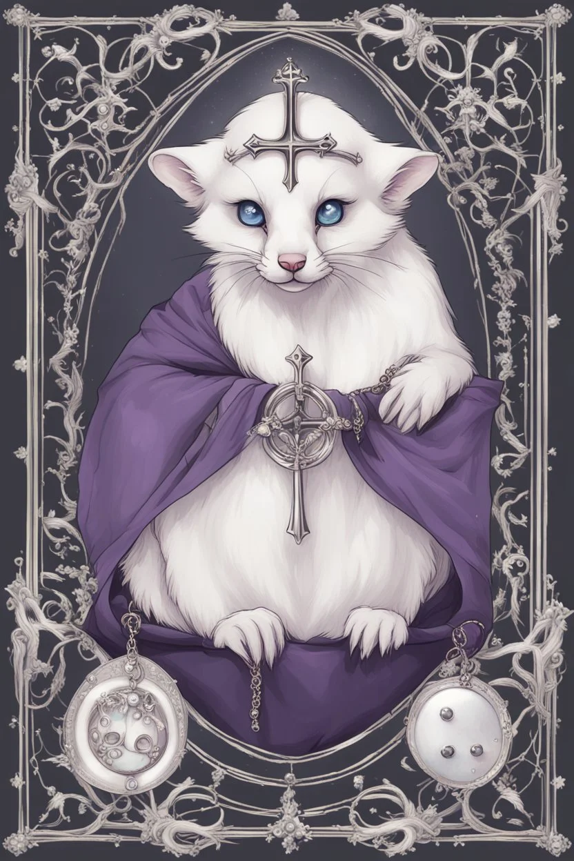 (anthropomorphic white ferret),dressed in ((cleric fantasy)) black and purple clothes with silver holy ornaments, realistic anatomy, holy symbols around, serious face, hold holy cross symbol, tired face, in the style of LOISH, look at the vivewer, blue eyes, cute face, 2d, ink lines, fantasy inspire