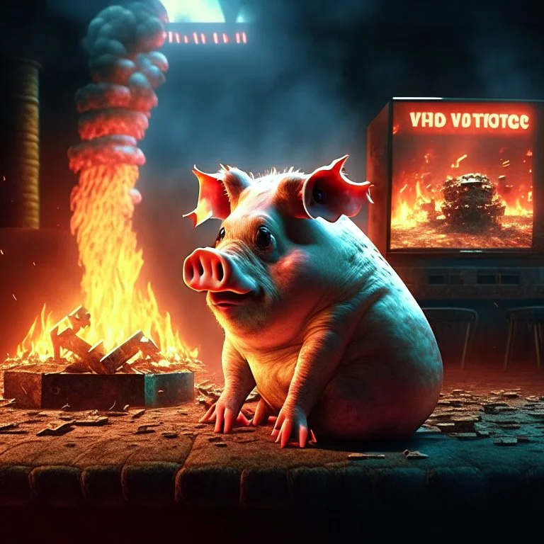 fire font realistic gamer pig watching movie about mushrooms cinema in the background