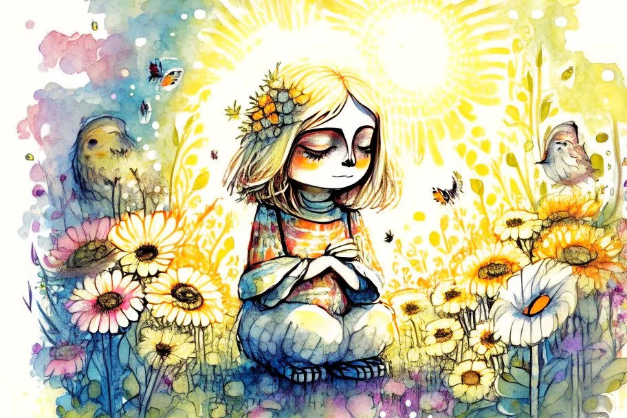 thankful praying owl girl in flowergarden in sunshine, watercolor and ink