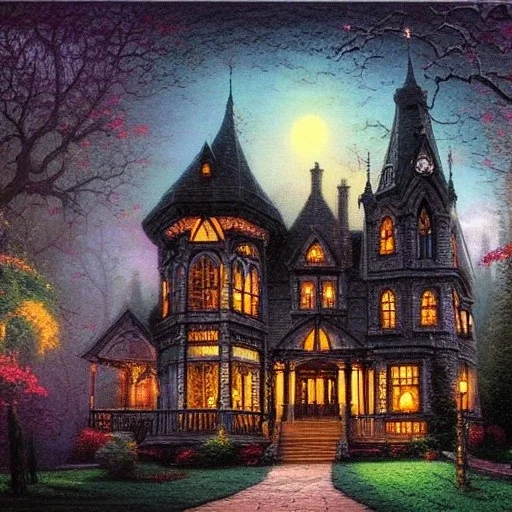 Gothic mansion at night by thomas kinkade