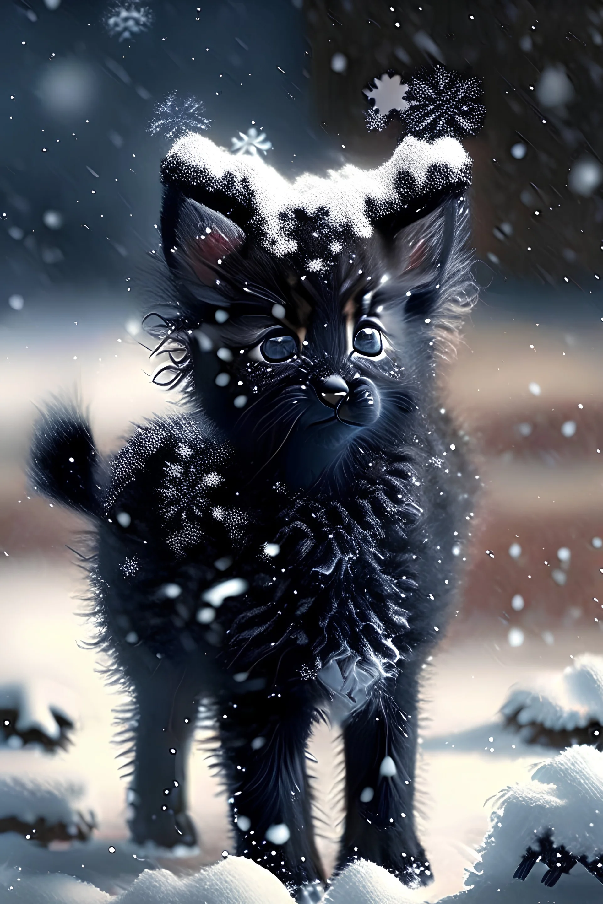 Create a black Fluffy reindeer Mixed with a kitten in the Snow playing in the background is snowing