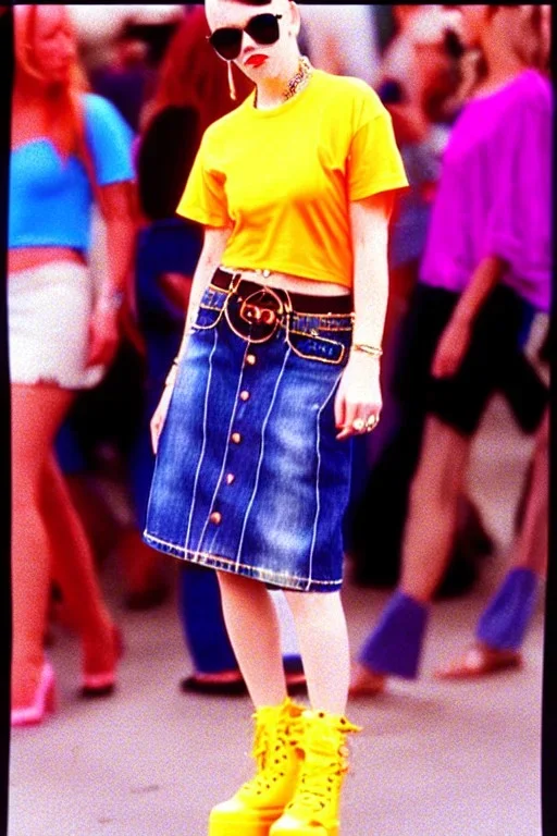 year 1996 denim fashion. Loose skirt, low waist. Colors: denim blue, blue, purple, cream, khaki, light green, lilac, plum, orange, terracotta, red, light yellow, lion yellow, pink, dark blue, beige. Gwen Stephani, Missy Elliot, Shirley Manson.