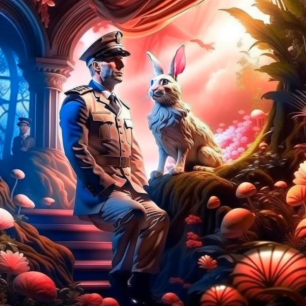 Broadway portrait of french macho gestapo army officer on a ladder inside glowing mushroom grove with huge fluffy space rabbit, 4 k, down-light, soft light, depth of field, photo realism, trending on art station, high detail, spray paint