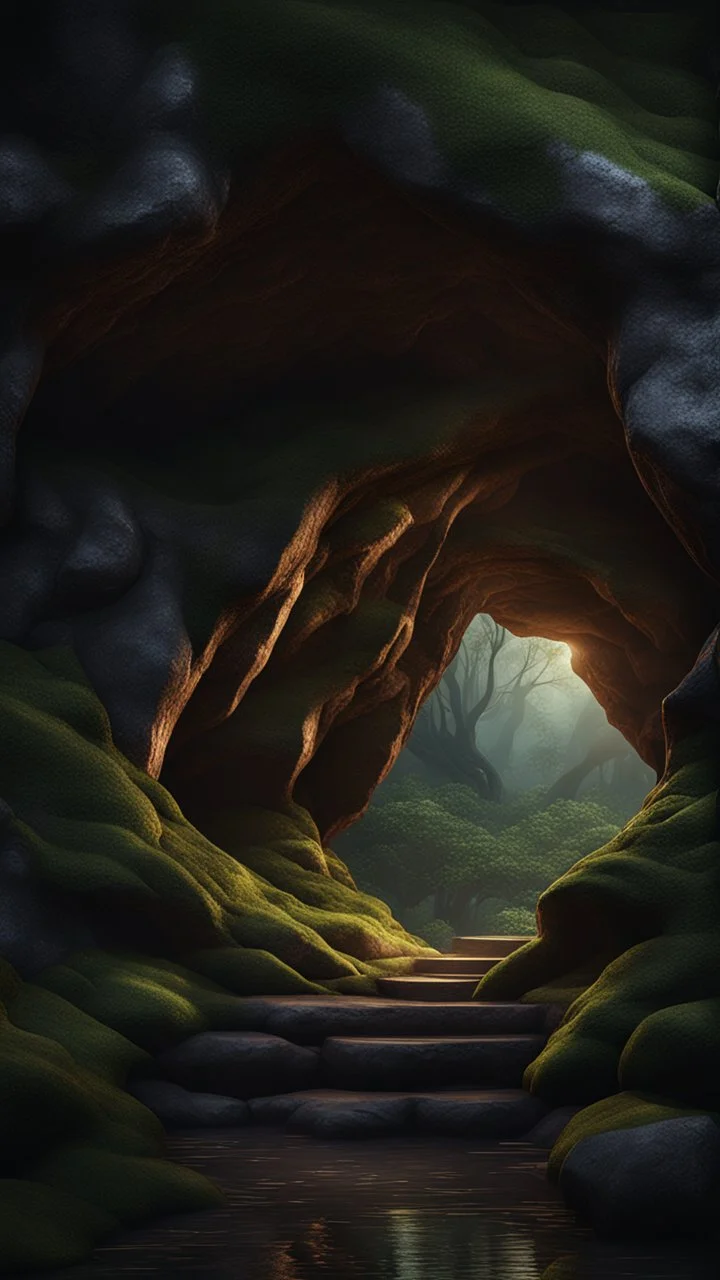 Cave entrance at the edge of the woods dark fantasy hyperrealistic 4k