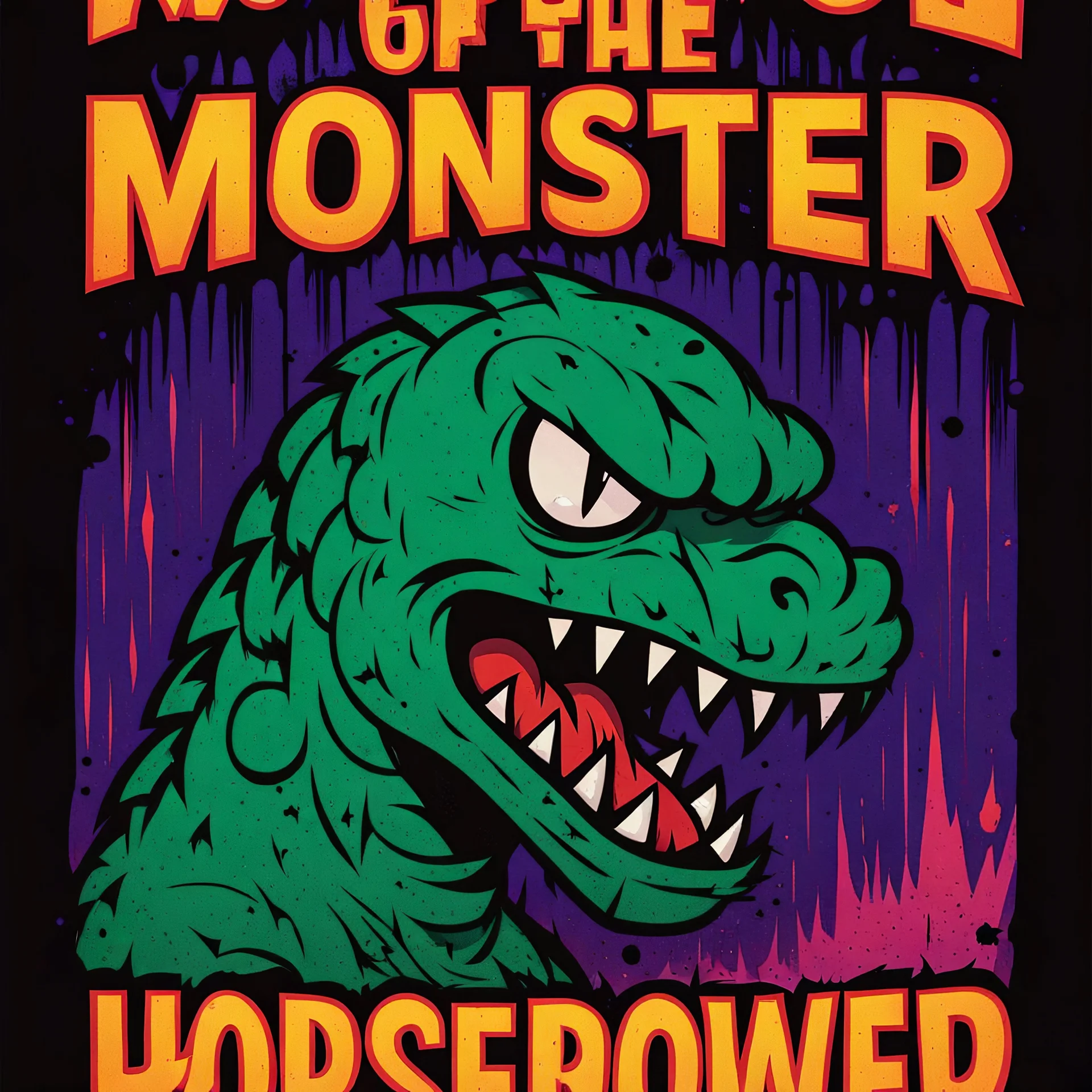 monster more angry and more 90s style, angry fast, extreme, wild, so so angry, red and purple background with 90s style slashes, 45 degree angle, ferce,