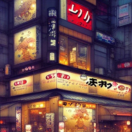  "Corner view,Kawaii Japan bar in kabukicho,Golden hour, book illustration by Jean Baptiste Monge,Jeremy Mann"Details corner building cross section, strong lines, high contrast vibrant colors, highly detailed