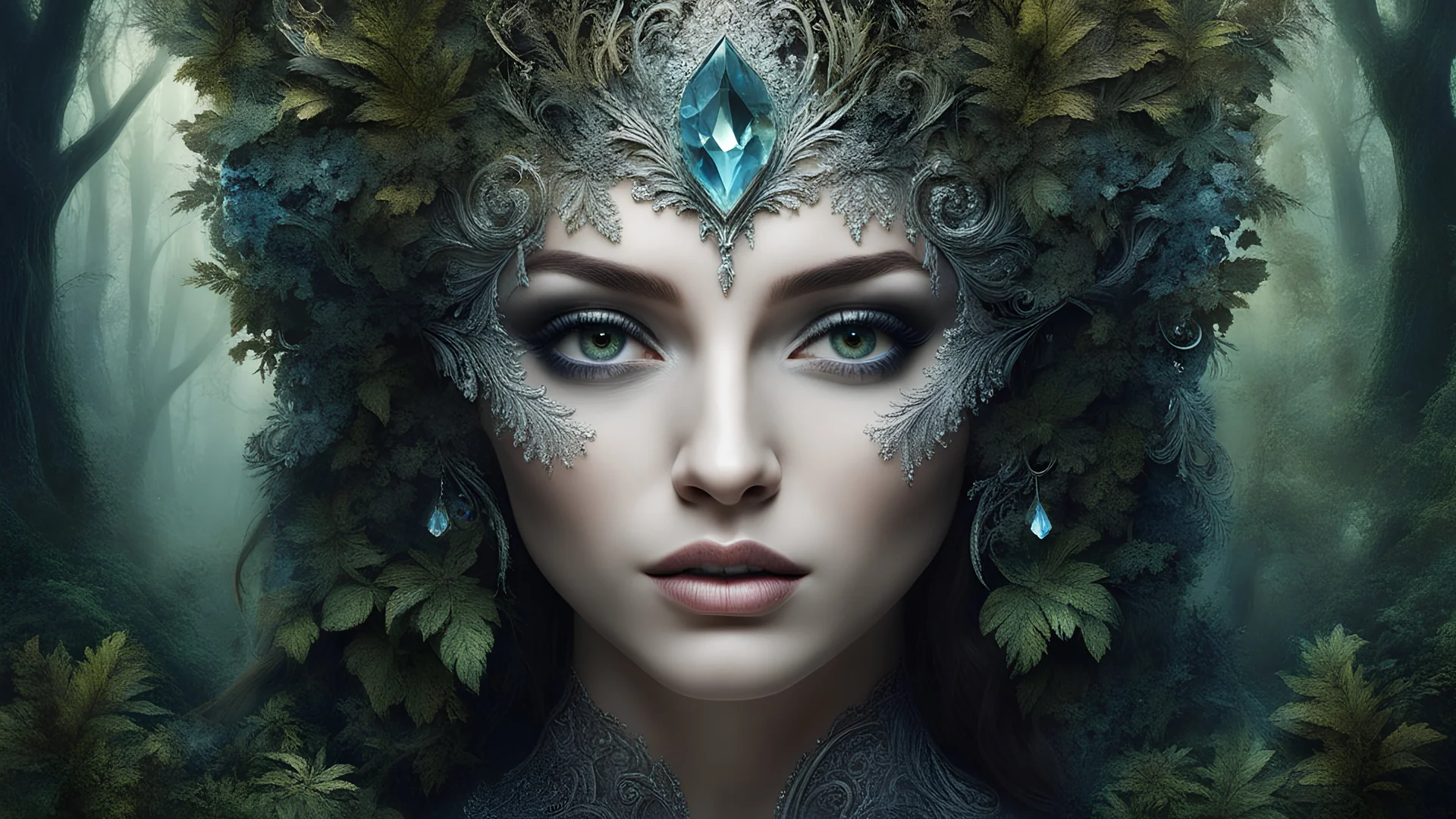 woman in a mythical forest, masterpiece, perfect face, intricate details, horror theme, crystalz