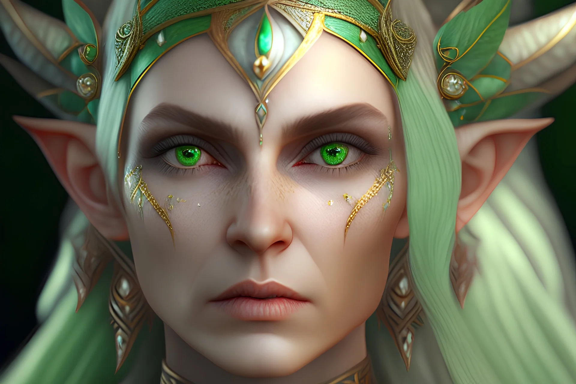 portrait d'une reine des elfes. Elle a la peau très claire. On voit ses veines sous sa peau. Ses cils, ses sourcils et ses cheveux sont verts. Ses pupilles sont uniques. Elle a un regard froid et fronce les sourcils. La moitié de son crâne est rasé. Elle porte des ornements. Haute résolution. 4K. 8K. Style fantasy.