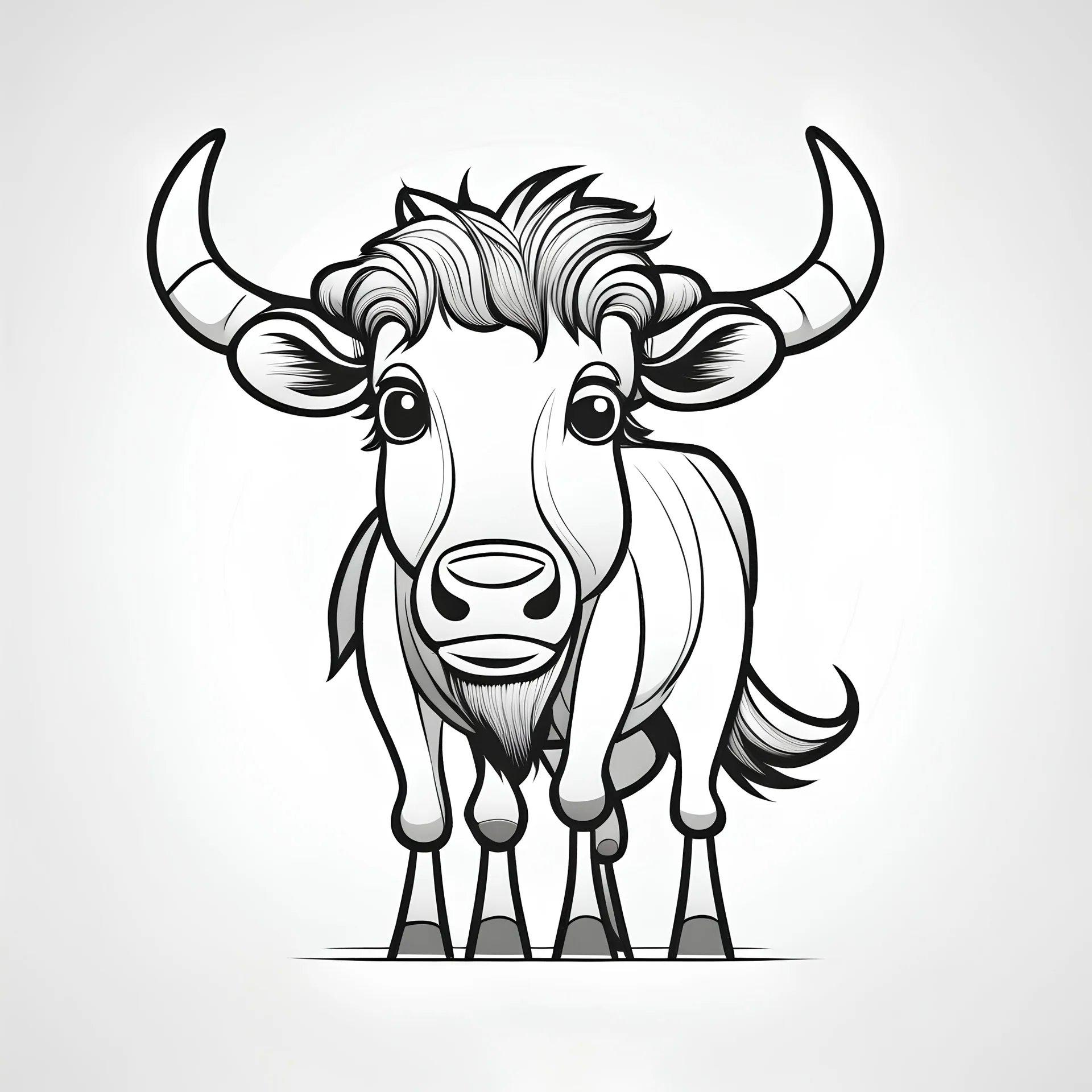 cute Wildebeest, black and white, white background, clean lines, coloring page for kids,