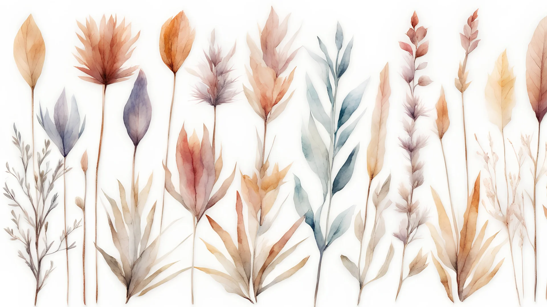 colorful Dried plants in a row filled the area in style of watercolor on a white background