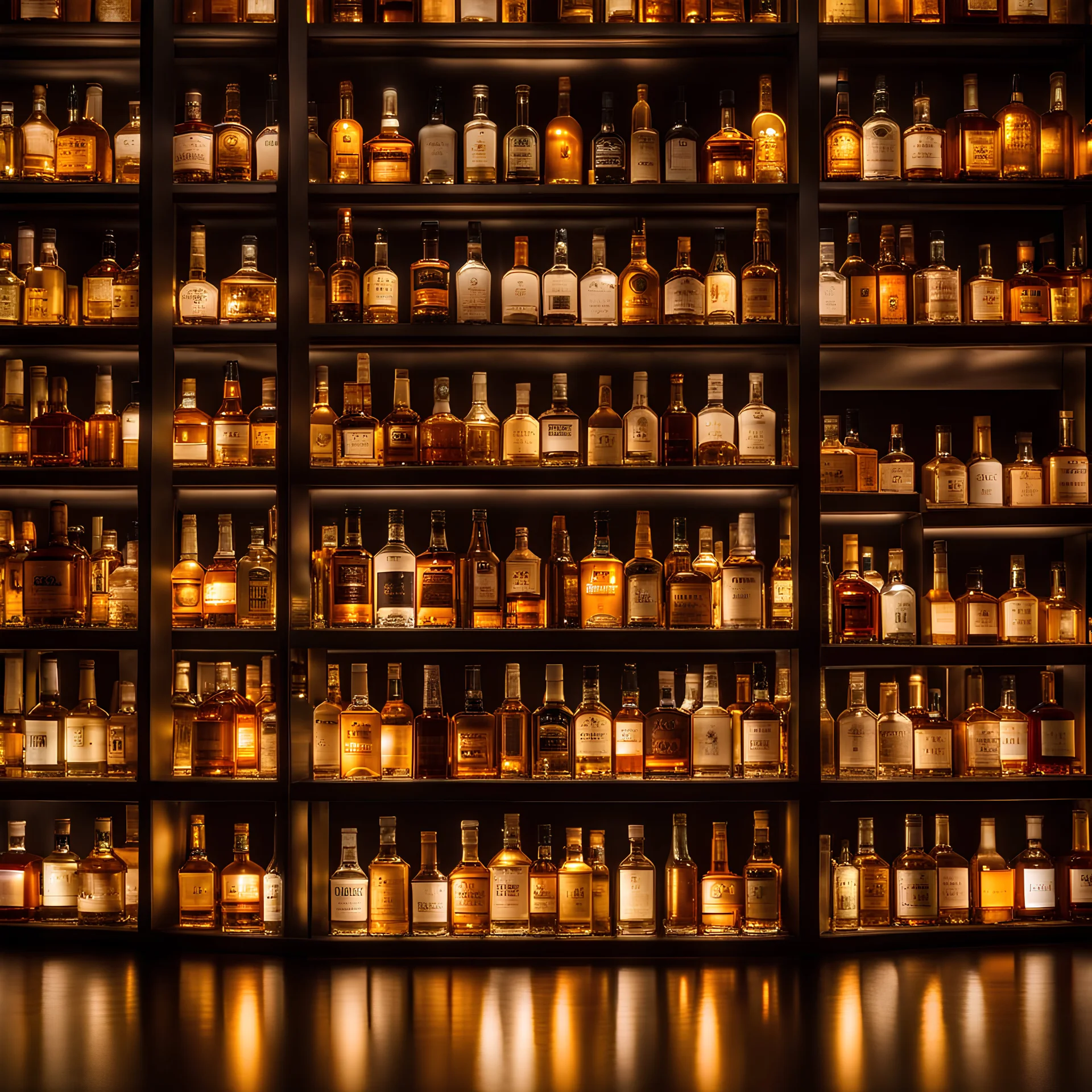 photography of many different whiskey bottles from an upward angle inside a mirrored box. golden lights and reflections. 80 mm lens. satellite view