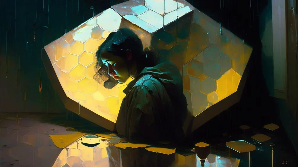 Moody lighting, art by Fernando Amorsolo, blobby, hexagon, wet paint, hyper detailed