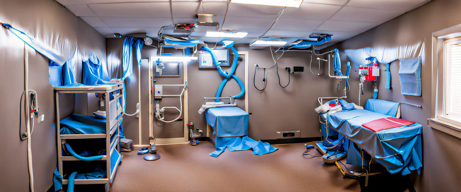 diy kidney transplant operating room in a house, duct tape all over the walls