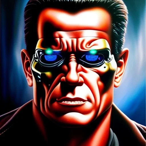 Ultra detailed portrait in oil on canvas of Terminator metal body ,extremely detailed digital painting, extremely detailed face,crystal clear Big glowing eyes, mystical colors ,perfectly centered image, perfect composition, rim light, beautiful lighting,masterpiece,8k, stunning scene, raytracing, anatomically correct, in the style of robert e howard and Ken Kelley and Ohrai Noriyoshi and Simon Bisley and tomzj1