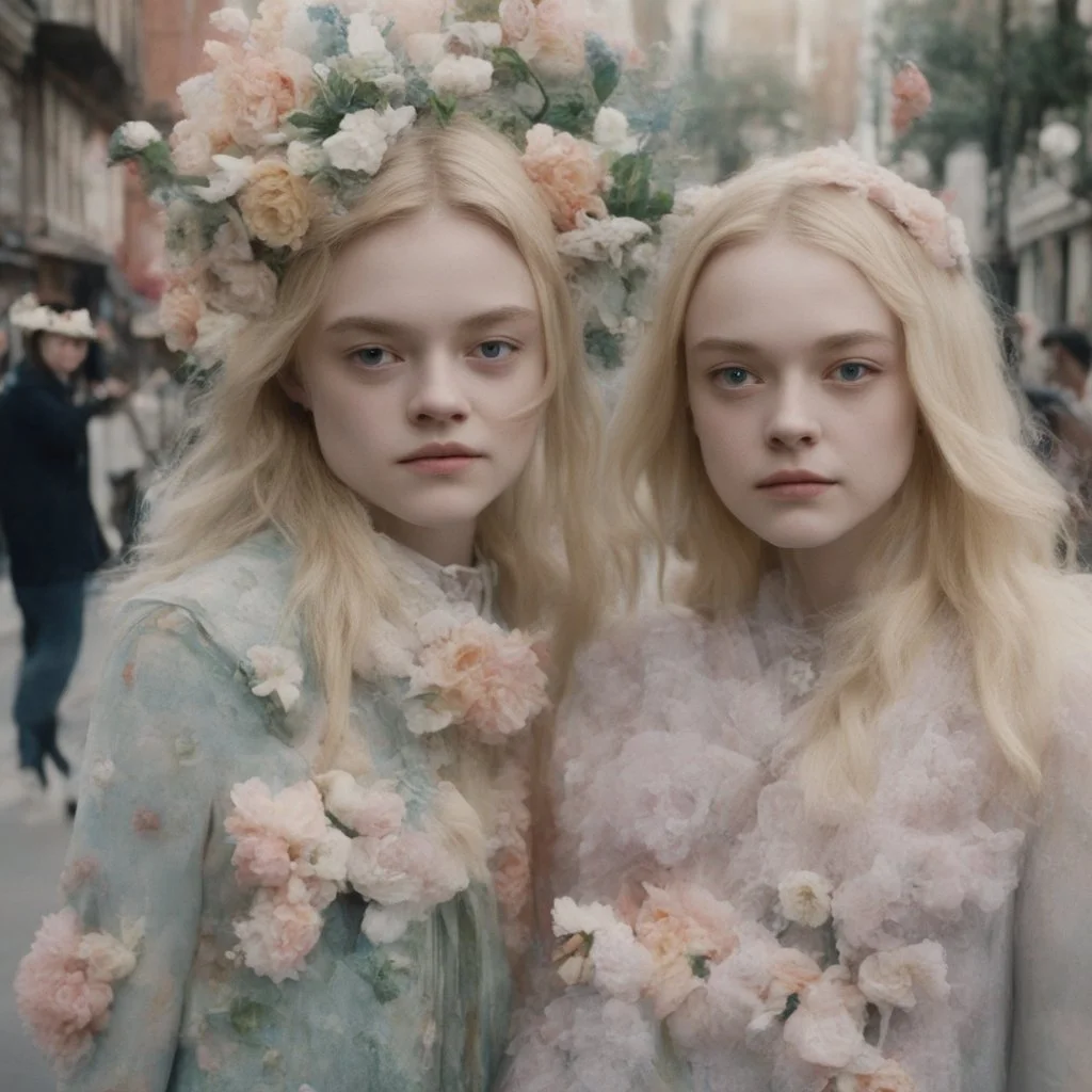 Elle fanning and dakota fanning as flowers, in the street, kodachrome