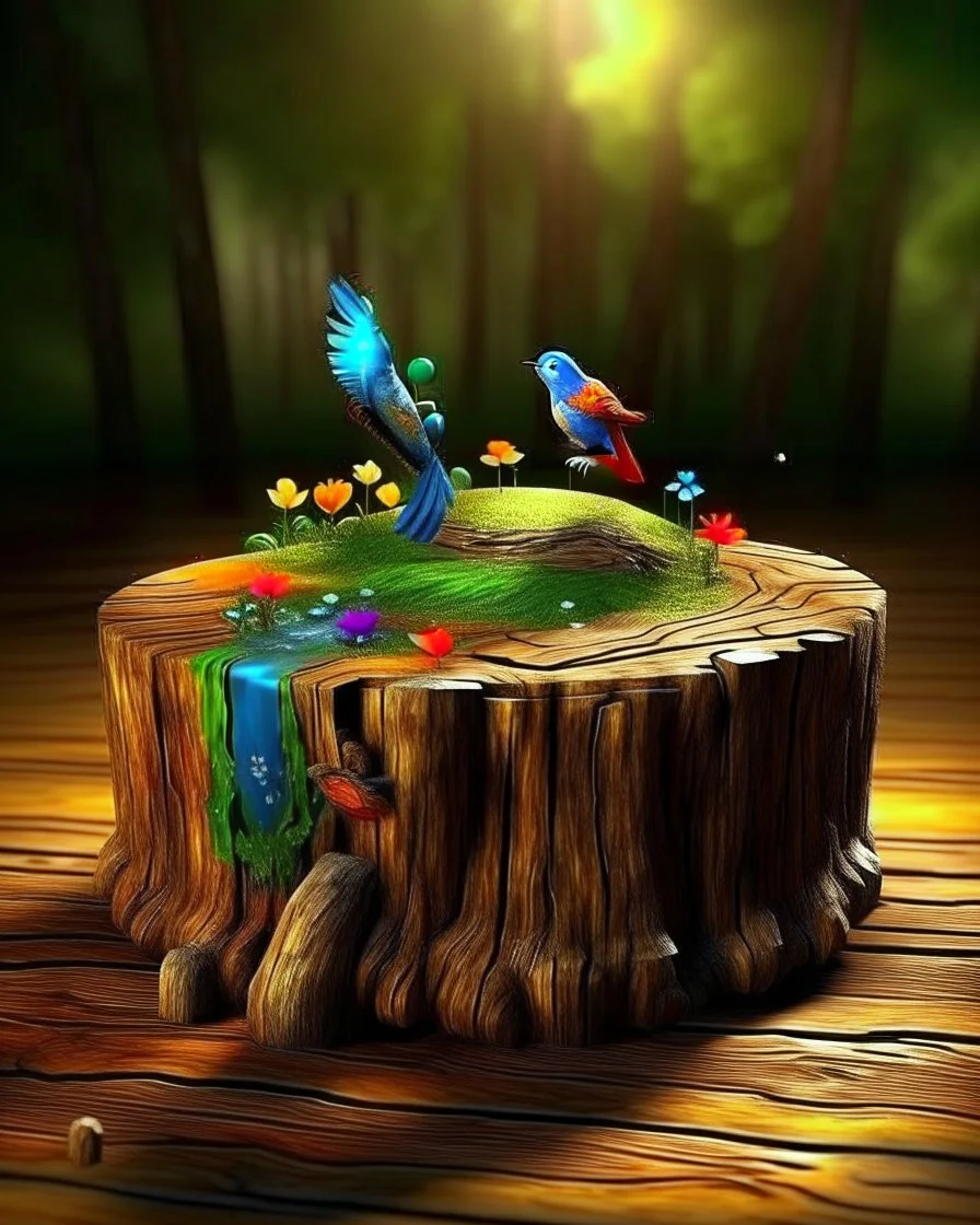 🛠️ Tool: ChatGPT 👉 Prompt used: "Ultra-realistic surreal macro scene of a broken tree stump placed on a wooden surface, its hollow interior transformed into a vivid miniature landscape featuring a winding dirt path leading through lush green grass, small flowering plants, and delicate trees under a soft glowing sky; two colorful birds—one blue and yellow, one red and brown—perch on either side of the path, adding life and contrast; above the scene, a large sharpened wooden pencil hovers diagon
