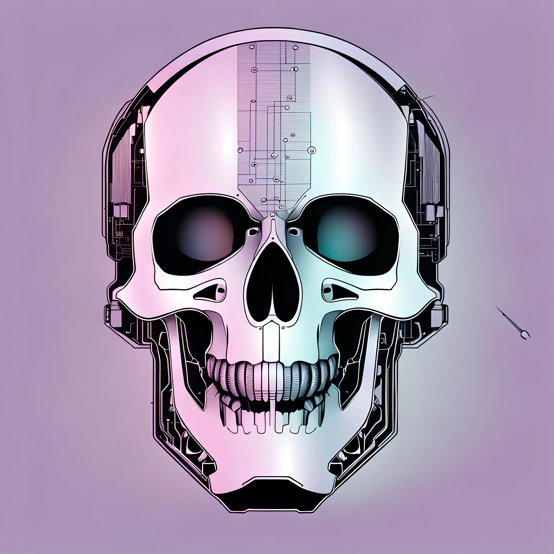 FLAT VECTOR LAYERED IMAGE OF CYBERNETIC SKULL PARTS IN A SCHEMATIC, BLACK AND WHITE, AUTOCAD, FINE LINE BLUEPRINT,