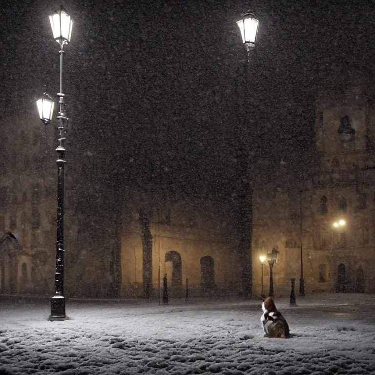 A very dark square in Florence in a stormy night. Snow is covering the pavement. A cathedral in the background. A lonely cat sitting under a streetlight. Unreal Engine. HDR. 8K.