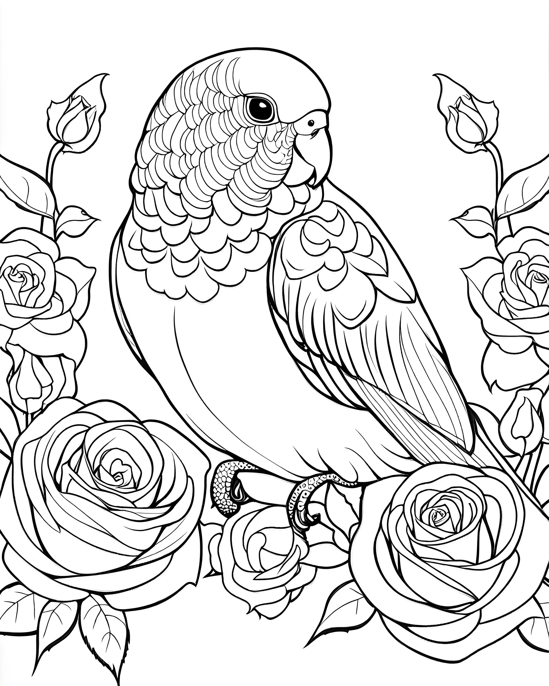 B/W outline art,coloring book page, full white, super detailed illustration for adult,"Budgie love Affection for Flowers and Roses", crisp line, line art, high resolution,cartoon style, smooth, low details, no shading, no fill, white background, clean line art,low background details, Sketch style.