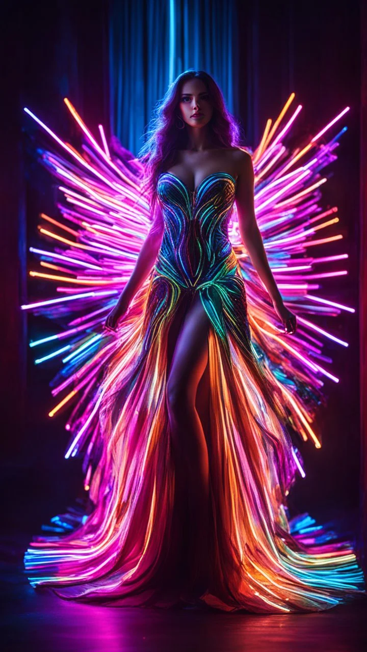 Photography Beautiful woman with dress art neons glowing bright light in the dark and colorful details