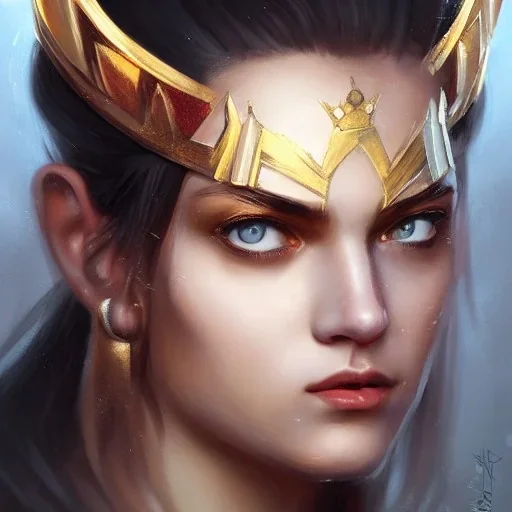 girl,fire queen, crown on head, close up portrait by Greg Rutkowski