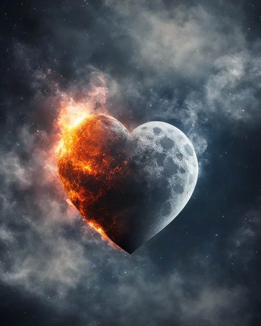 Moon, biological heart, cinematic, {abstract}, depression, space background, atmospheric, fire, DLSR, soft focus, dispersion