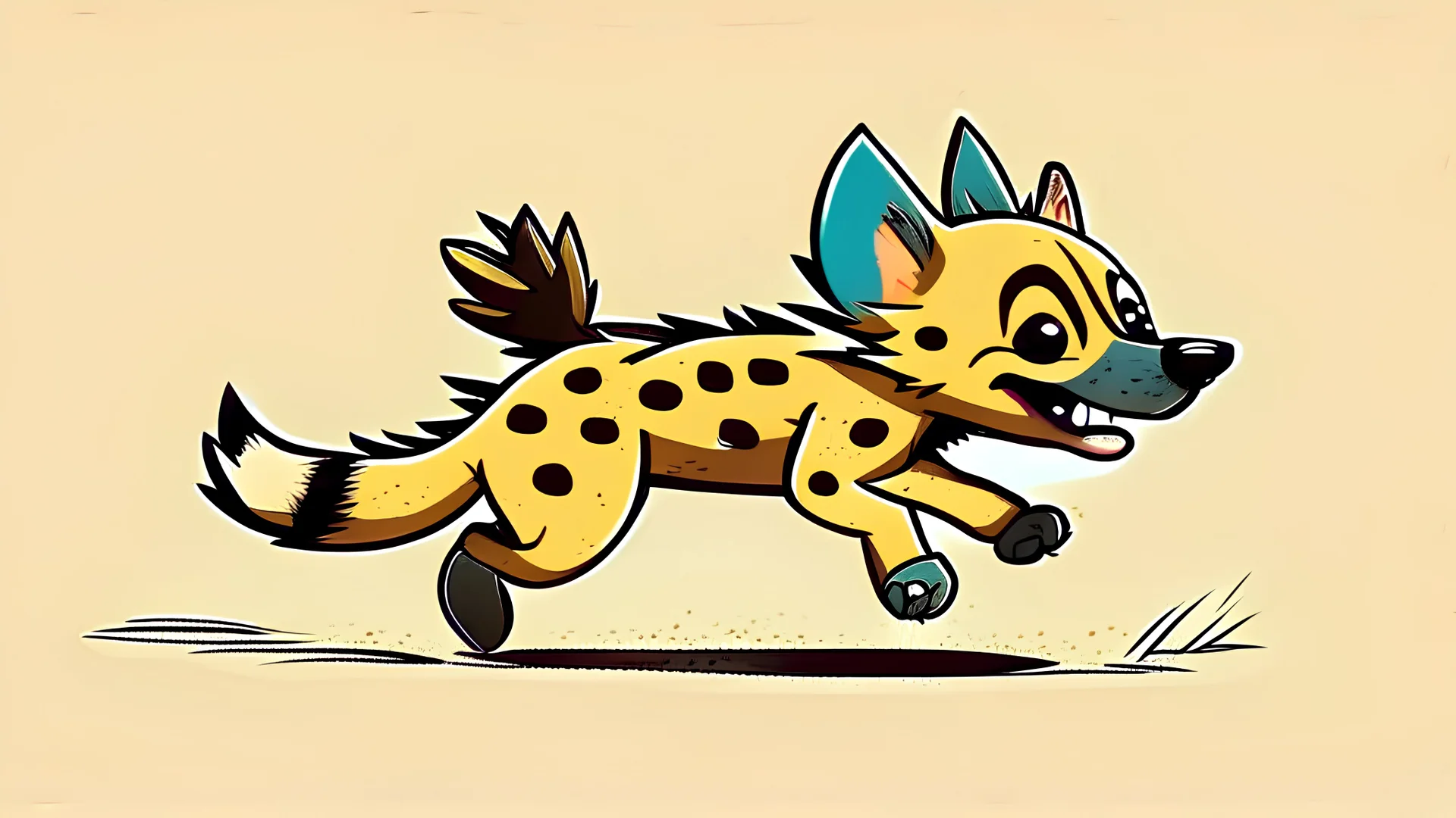 Cute chibi hyena dog chasing its own tail, cartoony, colorful, exaggerated, simplified, adorable