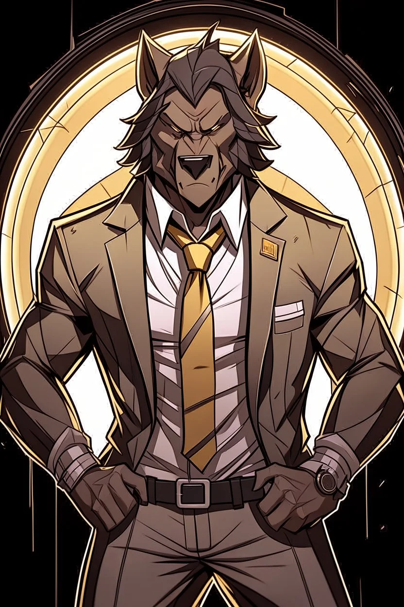 Buff, anthro, wolf, himbo, black fur, gold eyes, wearing a suit, full-body, muscles, strong, muscular, man boobs, bulky, tail, dark fur, smug grin, hands on hips,