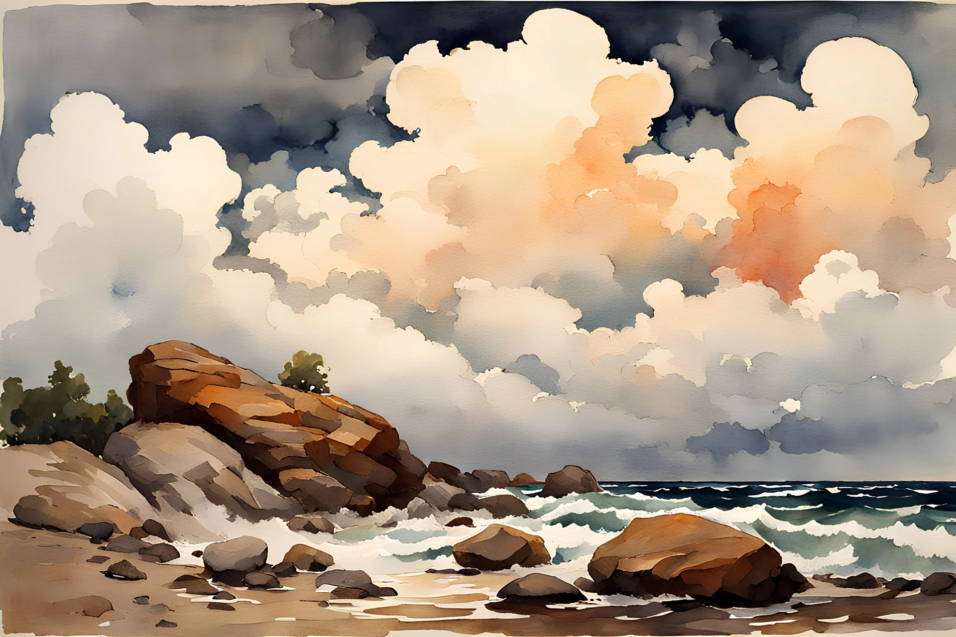 clouds, mountains, rocks, winslow homer watercolor paintings