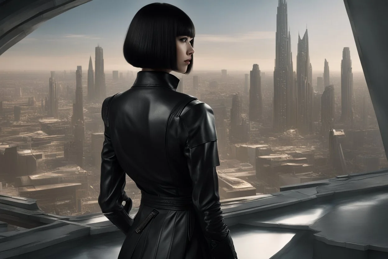 girl wearing black leather, shoulder-length bob, with fringe, in a science fiction building looking out over a large city