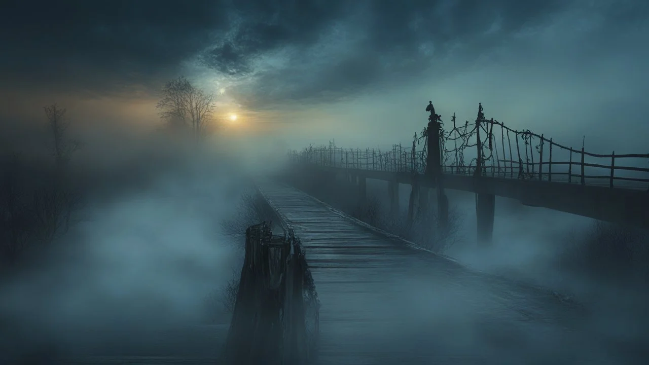 walking straight ahead over a wooden bridge, holding the angel of death with your right hand, entering the fog at the end of the road that leads to the afterlife, and a beautiful sunset and galaxy's behind the fog, realistic