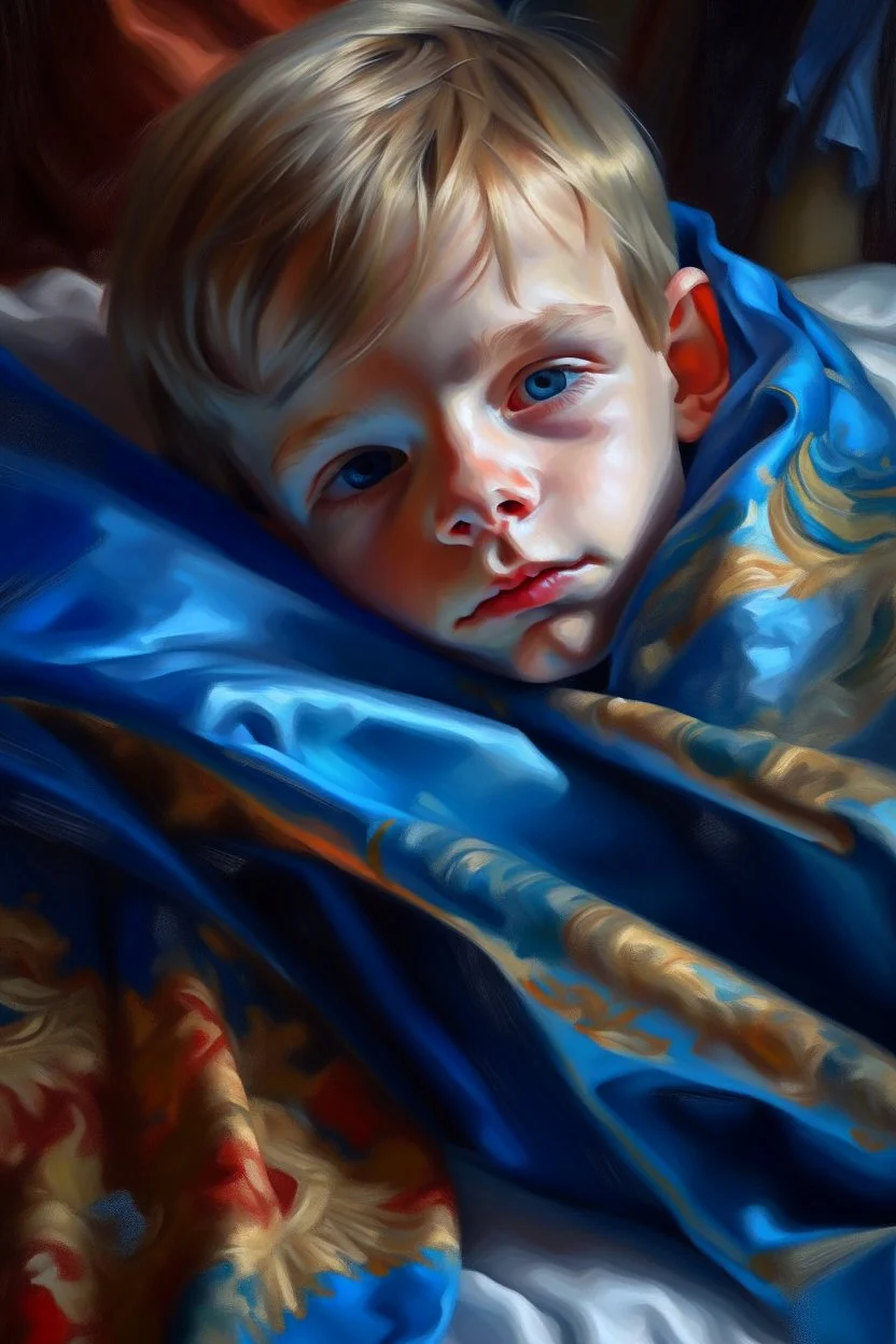 cover illustration, oil painting portrait of metallic sleeping slightly cute smirking innocent blue eyed vampire on a towel, bokeh , high detail, smooth render, prize winning, down light, depth of field, aura, in wind