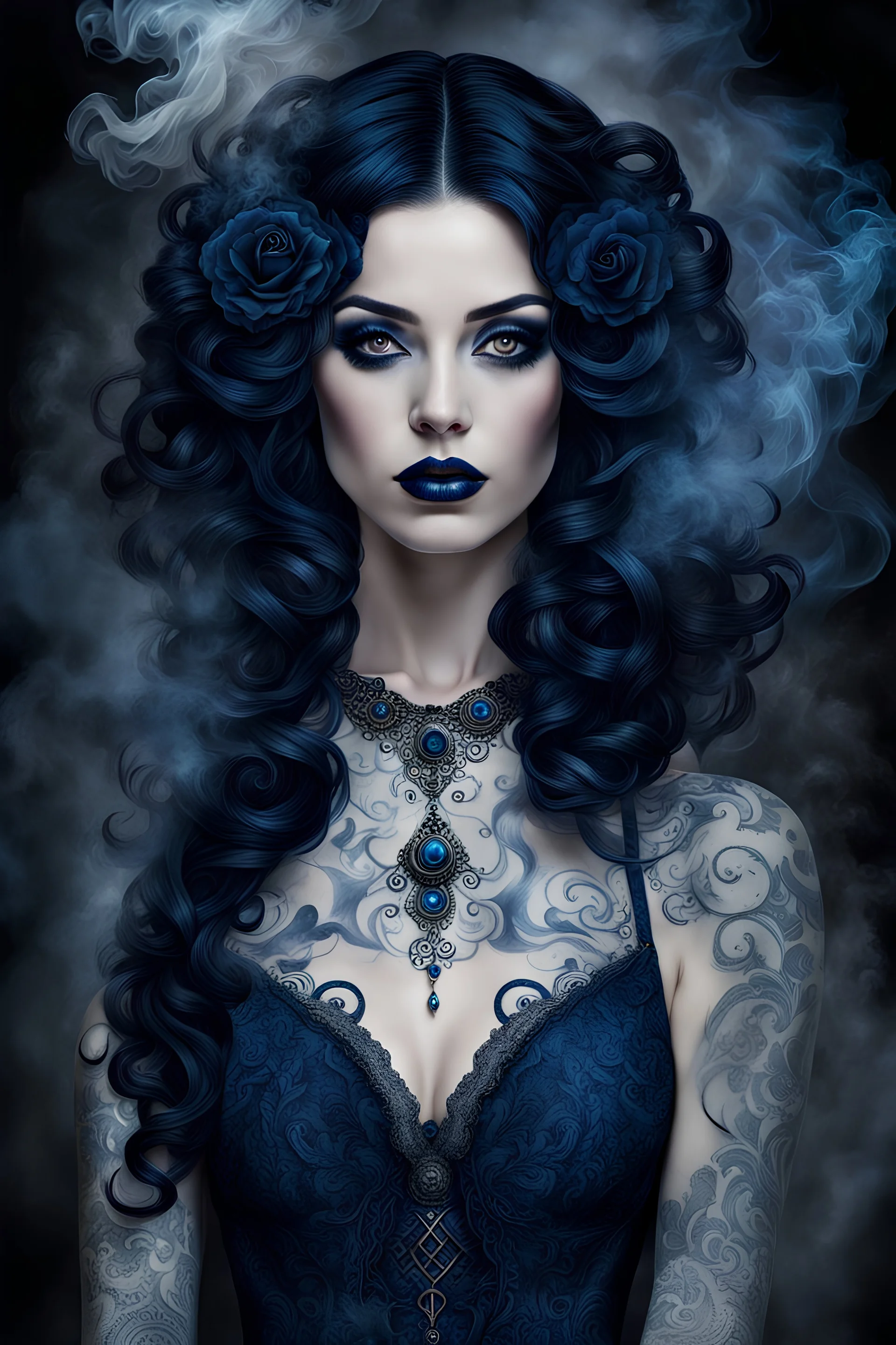 A mystic demonic woman with pale skin, big black eyes, dark blue hair, in a dress from smoke and grey lacy, wearing ancient tattos on her body, unique crepy person , Her captivating gaze, dark mystic background with a smoke man, Surreal scene with big smoke twist and curls that blur the line between reality and illusion, high detailed, sharp focus, masterpiece