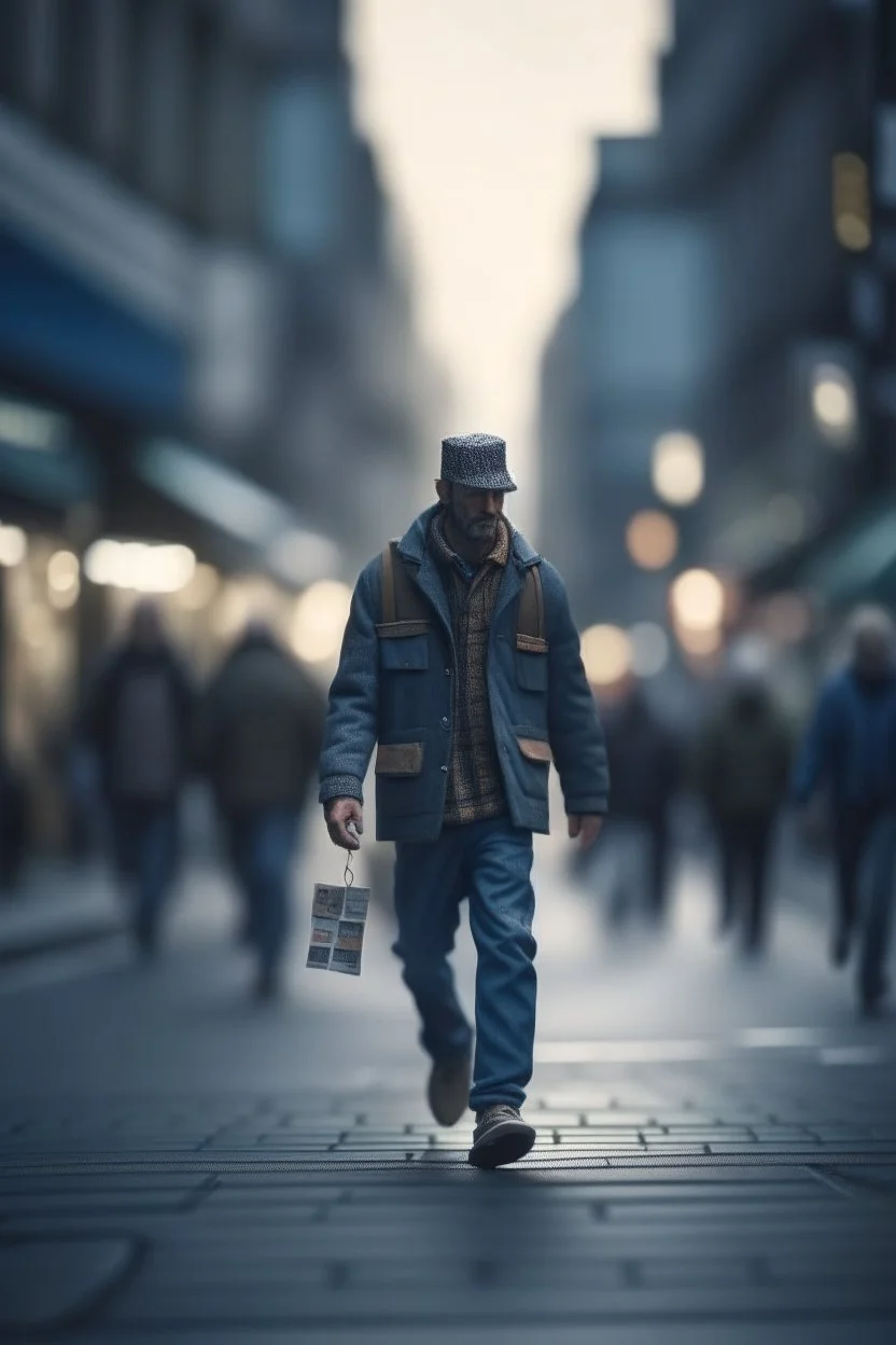 man walking in the streets with card parts as clothes ,shot on Hasselblad h6d-400c, zeiss prime lens, bokeh like f/0.8, tilt-shift lens 8k, high detail, smooth render, down-light, unreal engine, prize winning