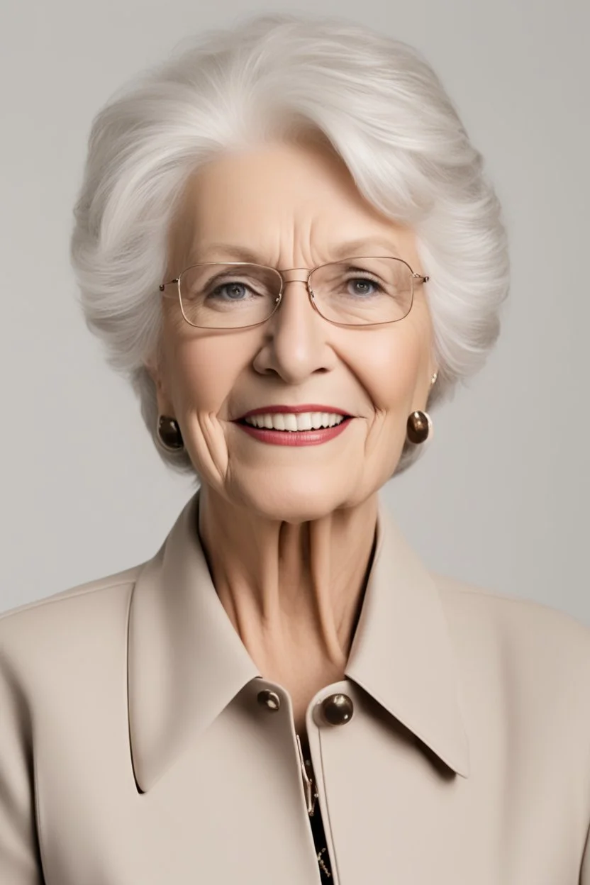 Portrait of an 76 year old democratic female president from Illinois. She has white hair and brown eyes. She looks professional