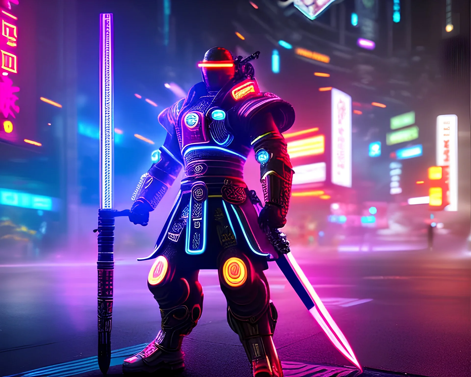 cyber samurai with cyber glowing swords, cyberpunk, full body, realistic, intricately detailed, neon lighting, vivid colors, neon, 64k