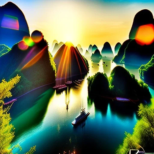 Li River, China,aerial view,extremely detailed digital painting, high resolution,8k, realistic, beautiful, volumetric lighting, mystical colors ,perfectly centered image, perfect composition, rim light, beautiful lighting,masterpiece, stunning scene, raytracing, anatomically correct, in the style Van Gogh and robert e howard and Ken Kelley and Ohrai Noriyoshi and Simon Bisley and tomzj1.