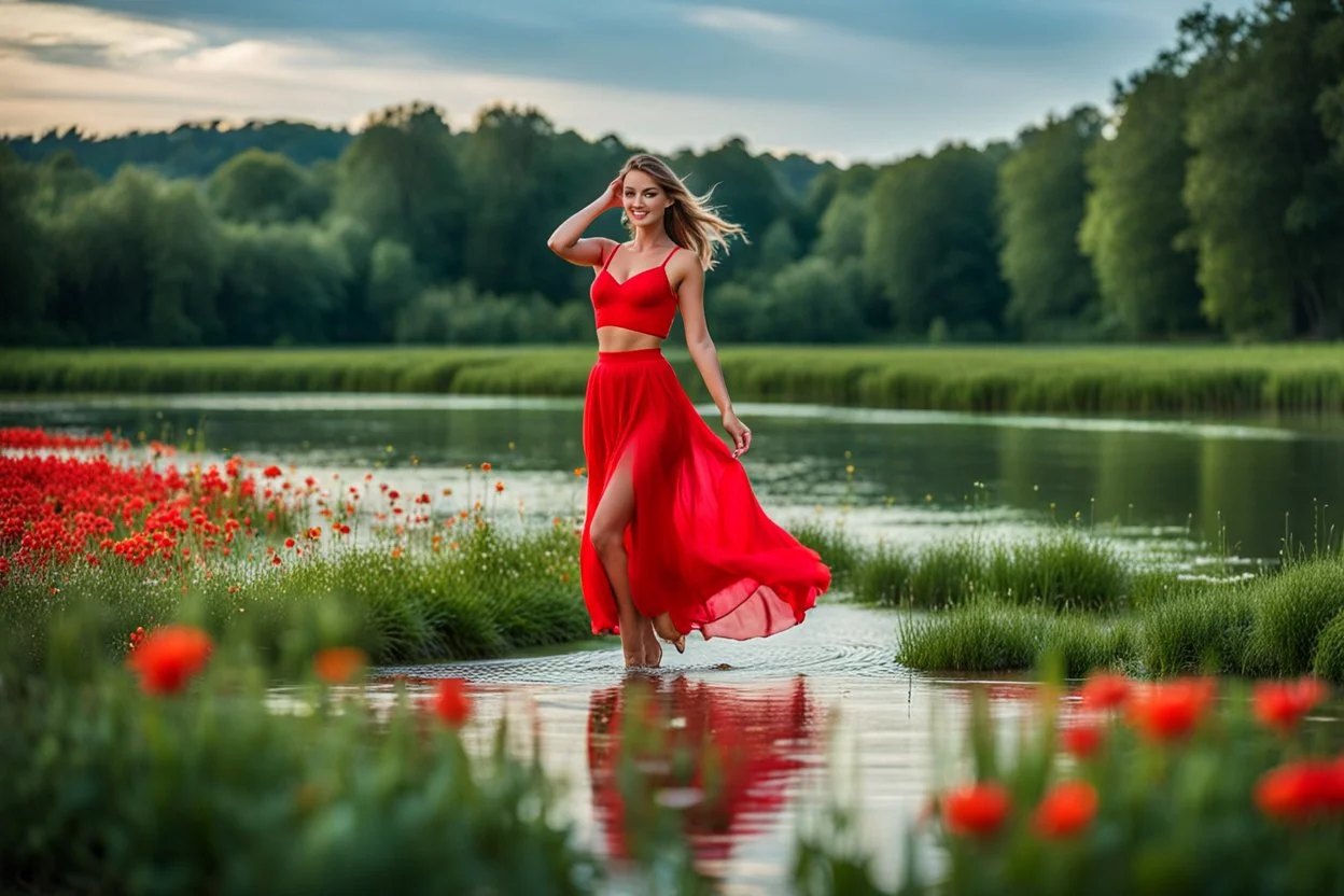 shot from front ,green field and wild flower field ,(A German beauty , with a melon seed face and wearing a red camisole skirt. She has a slender figure, beautiful makeup,very nice eyes looking around and elegant temperament walking and whisppering a song with emotions in water toward camera in trees next to wavy river with clear water and nice sands in floor.camera capture from her full body front, spring blosom walking to camera ,wild flowers moving in the wind ,blue sky,moving pretty clouds ,