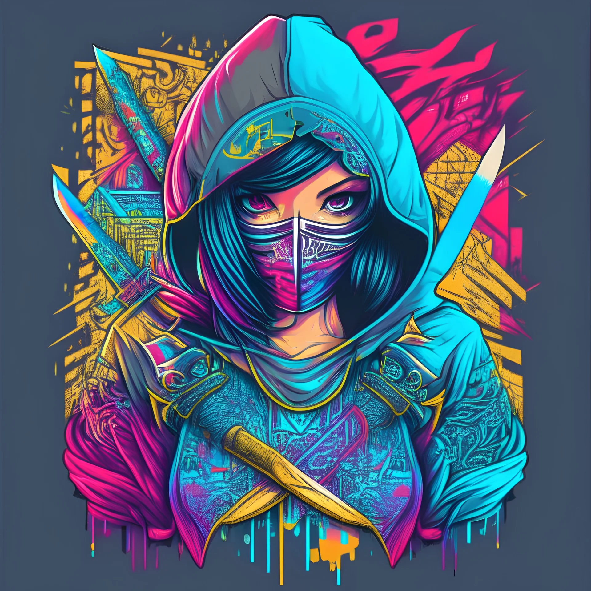 centered, isometric, vector t-shirt art ready to print highly detailed colourful graffiti illustration of cute girl with hoodie and mask, black hair, 4k, radiant look, face is covered by highly detailed, vibrant colour, high detail, sword attached to her back