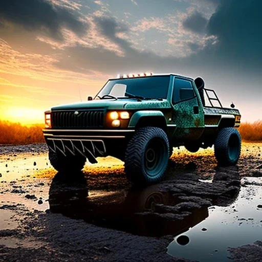 hyperrealistic shot, muddy aggressive military toy truck, monotone color palette, sharp focus, puddle reflection, tire water splash, refraction, mist on the horizon, sunset, rocks background, detailed and intricate, cinematic composition, micro, tilt shift photography