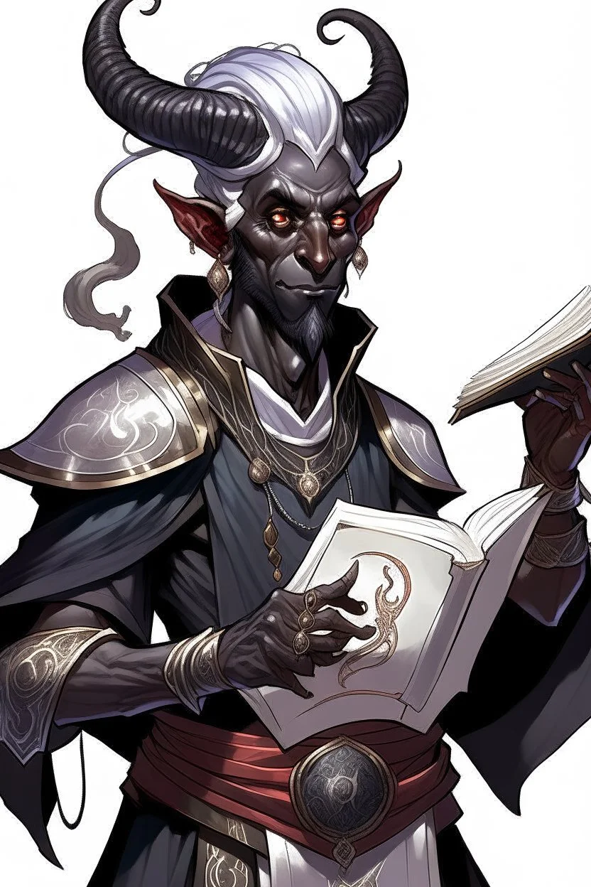 En male black skin tiefling fra dnd holding a book with Arcane Magic simple swirling around them in a silver and White Rope. His horn a perfectly place on acet from the front to the back pointing upwards