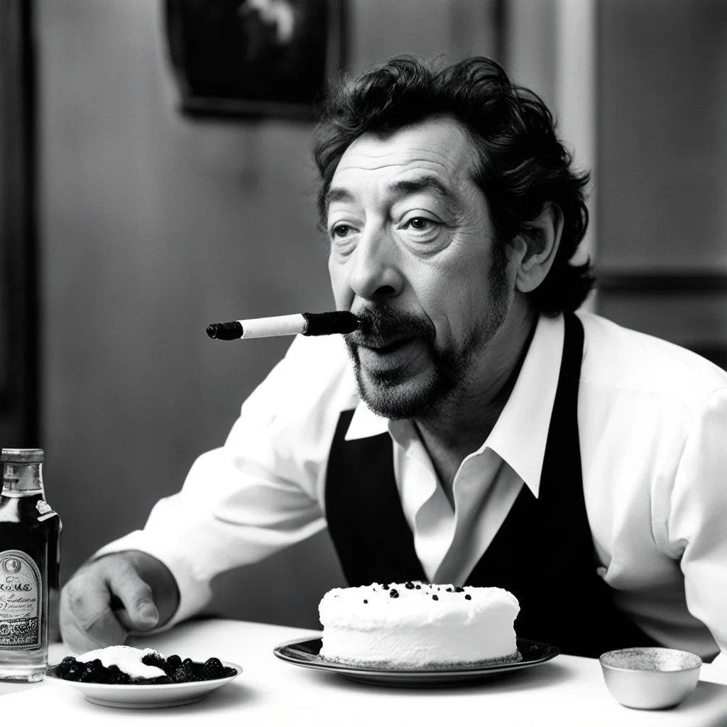 Serge Gainsbourg participate au meilleur pâtissier 2020, his cigarette in the mouth and a bottle of rhum for his dessert un épais baba au rhum