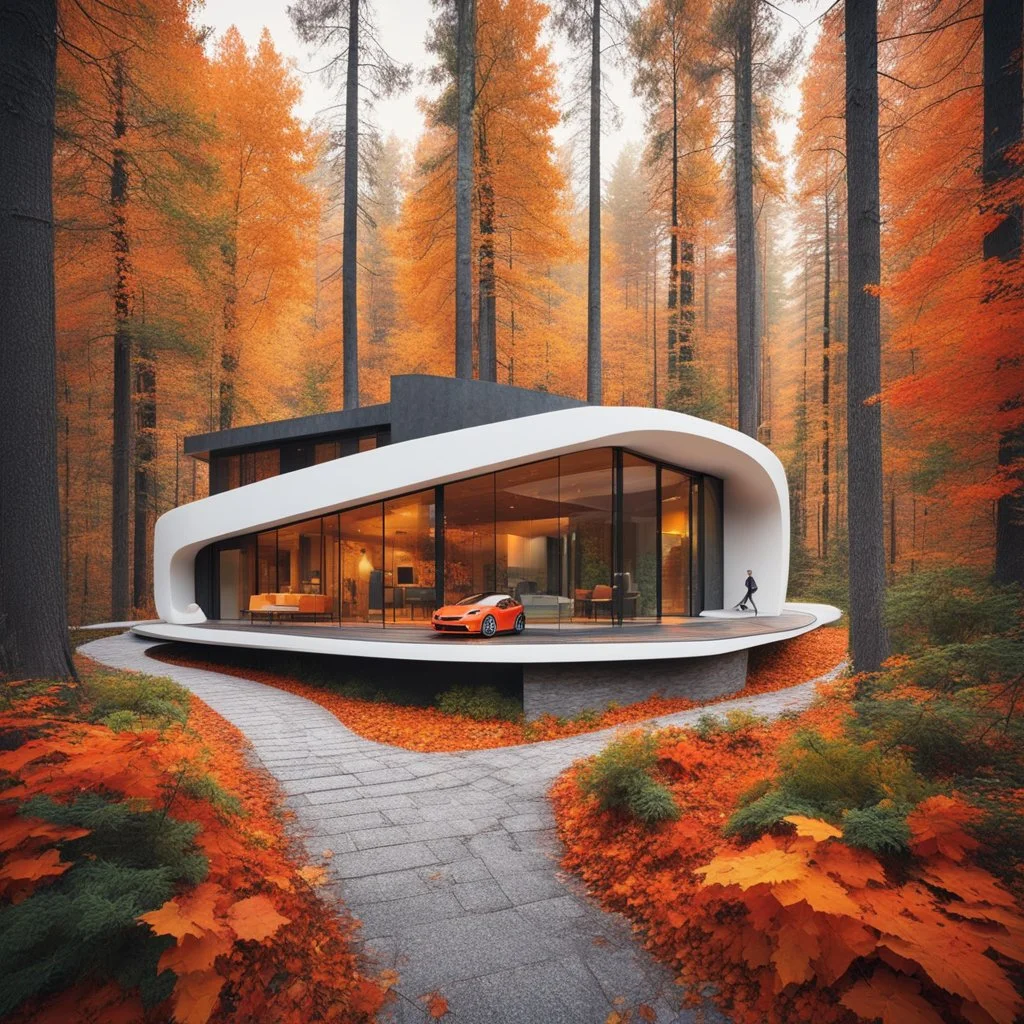 Cozy forest retreat, futuristic modern house in an autumn forest of vibrant colors. Contemporary design with clean lines and large windows, which radiate a feeling of warmth and comfort. A white car parked on the winding driveway leading to the house adds a touch of modernity to the rustic surroundings. The path is dotted with fallen leaves. Around the house, dense mix of green, orange and yellow foliage. 8k