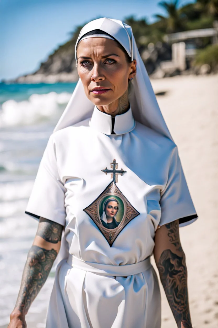 Tatooed attractive nun on beach sweat