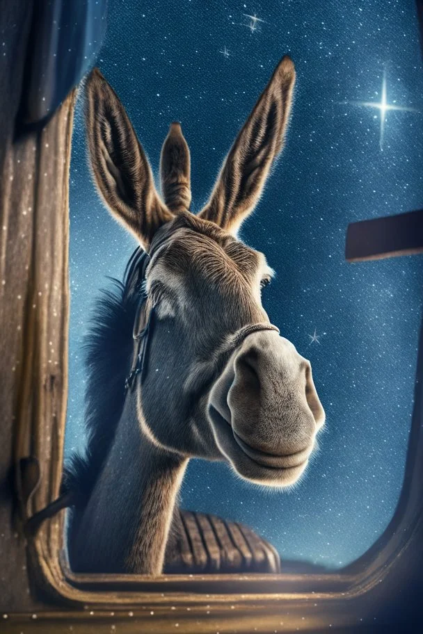 smiley donkey portrait with background star field seen in the window of a boat, 4 k, trending art, depth of field, high detail, high contrast