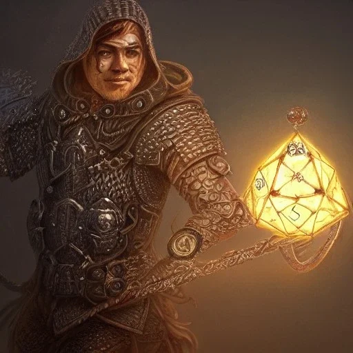 Insanely detailed photograph of a D&D chainmail warrior “male mariachi holding glowing D20” with intricate detailed Sombrero, intricate charo, hyperdetailed painting by Ismail Inceoglu Huang Guangjian and Dan Witz CGSociety ZBrush Central fantasy art album cover art,8K, hdr, mysterious, flickeringlights ,Stoic