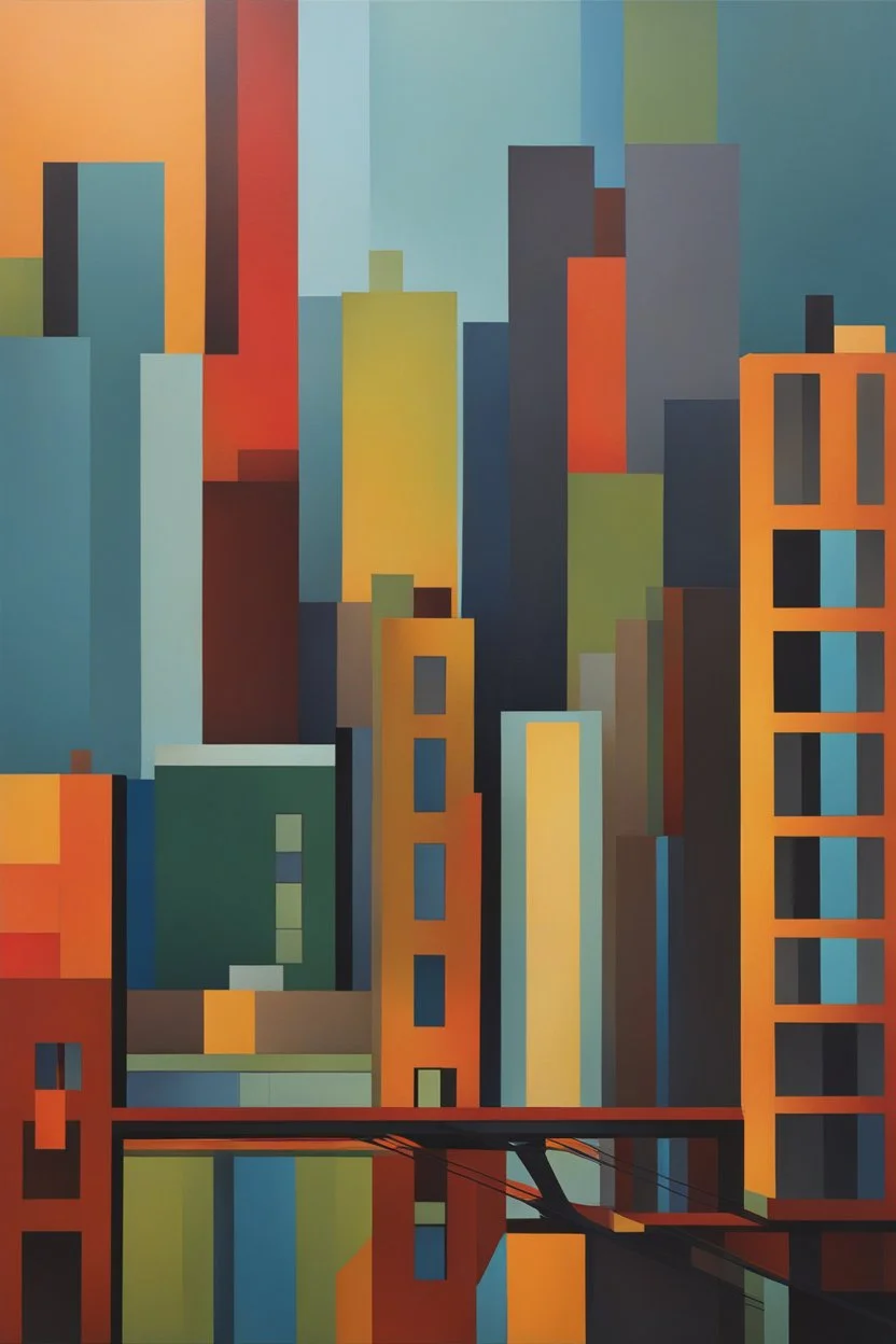 vibrant rich dark colors, Urban Geometry" - Create a minimalist painting that captures the clean lines and angles of a modern cityscape.