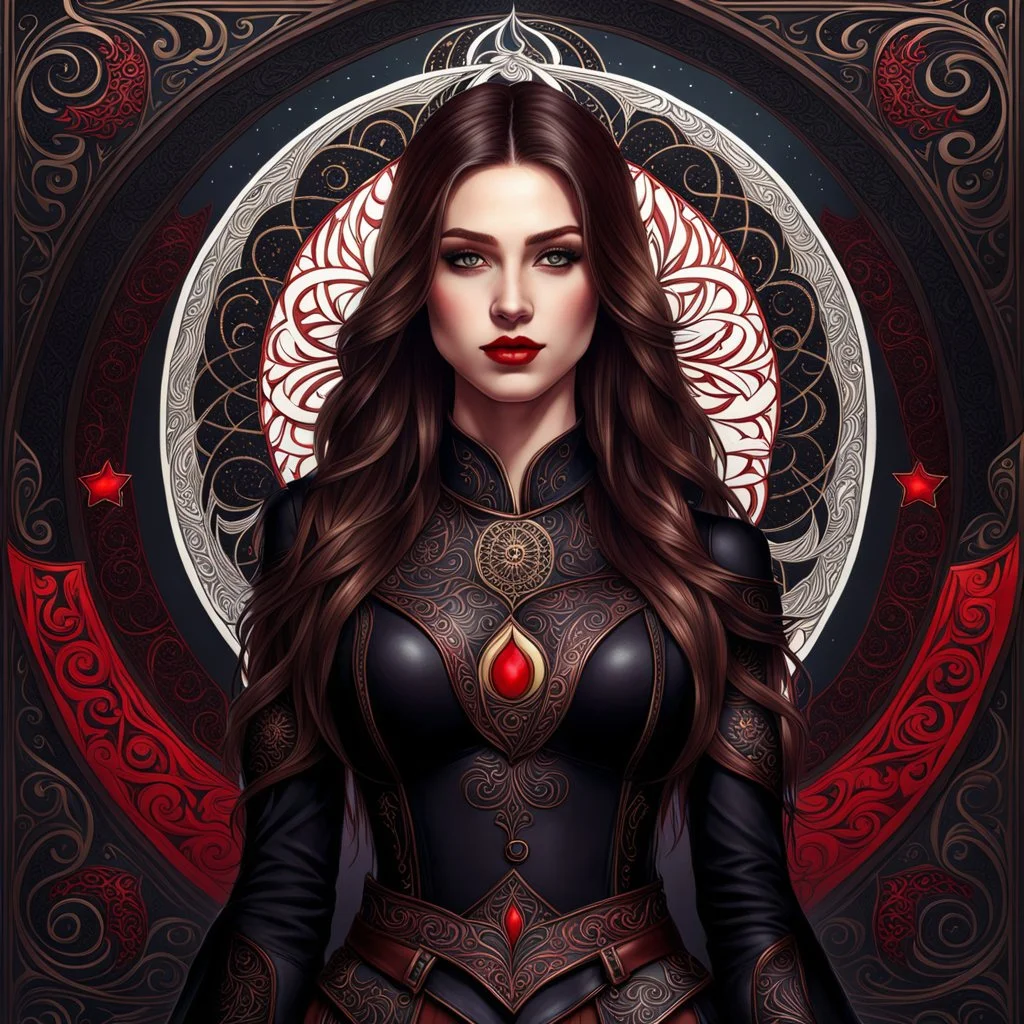 A (((young woman with long brown hair))), captured in a (((fantasy setting))) with a dark color palette, dominated by (((black))) and (((red))), intricate patterns and ornate designs incorporating elements like stars, moons, and swirling spirals. Her attire is sleek and (((leather))), with (((red eyes))), a (((smirk))) that implies both confident arrogance and an air of malevolent power. The overall aesthetic radiates an otherworldly quality, as if set against a (battleground)