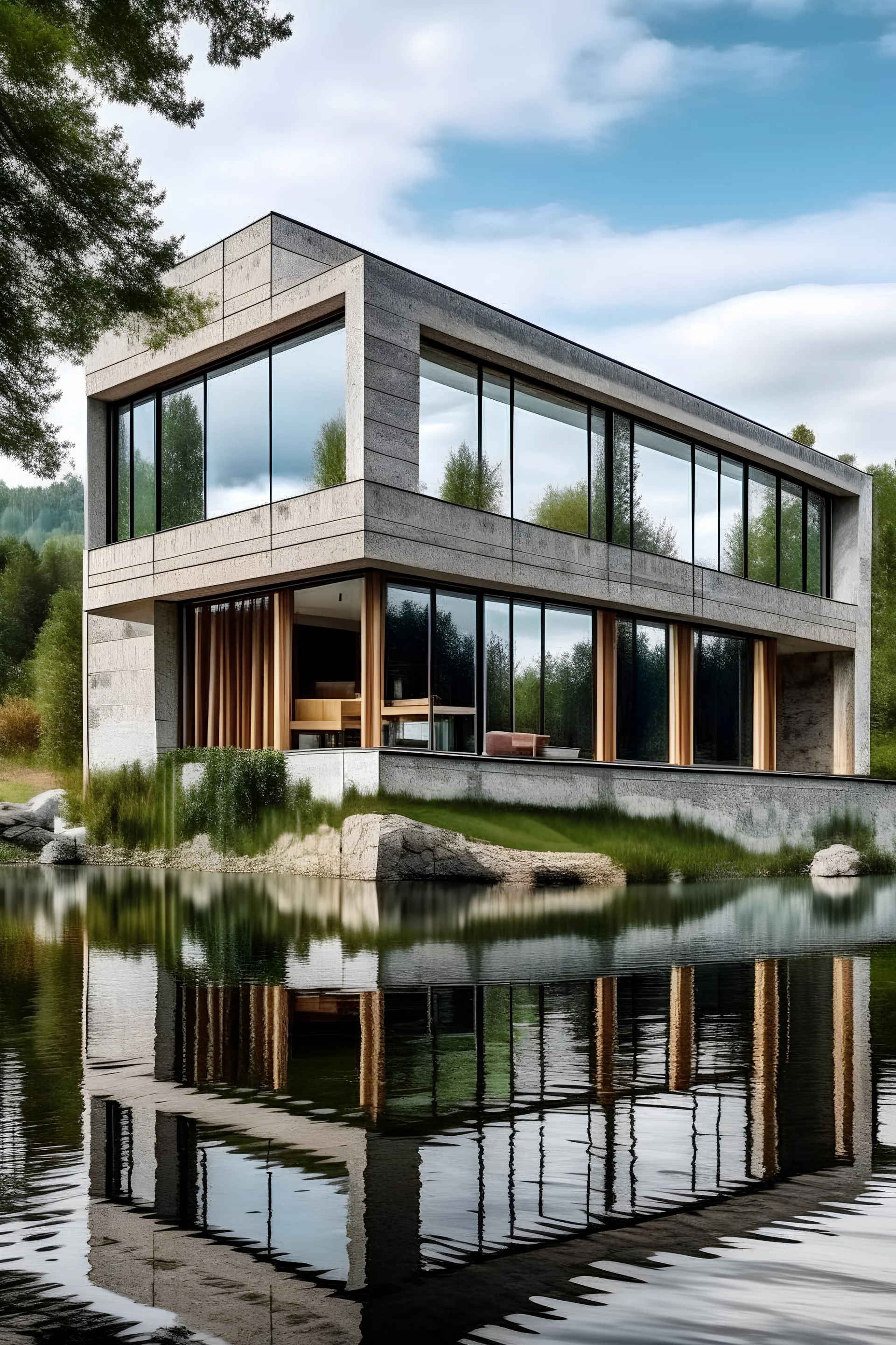 haus am see aus beton modern grosse glasflächen, bretter schalung holzfenster giebeldach